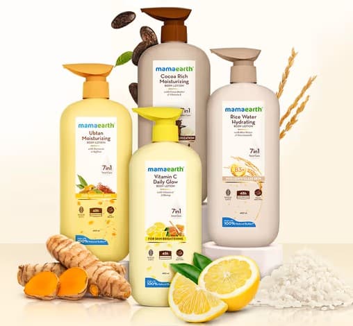 Mamaearth 7-in-1 Body Lotions — Ubtan, Cocoa Rich, Vitamin C Daily Glow & Rice Water — 48h hydration, bulk wholesale on Bulkdoor India
