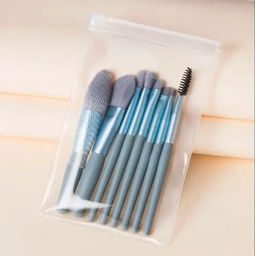 Blue Cosmetic Makeup Brush Set (8 PCS) – Essential Face & Eye Brushes with Pouch - View 1